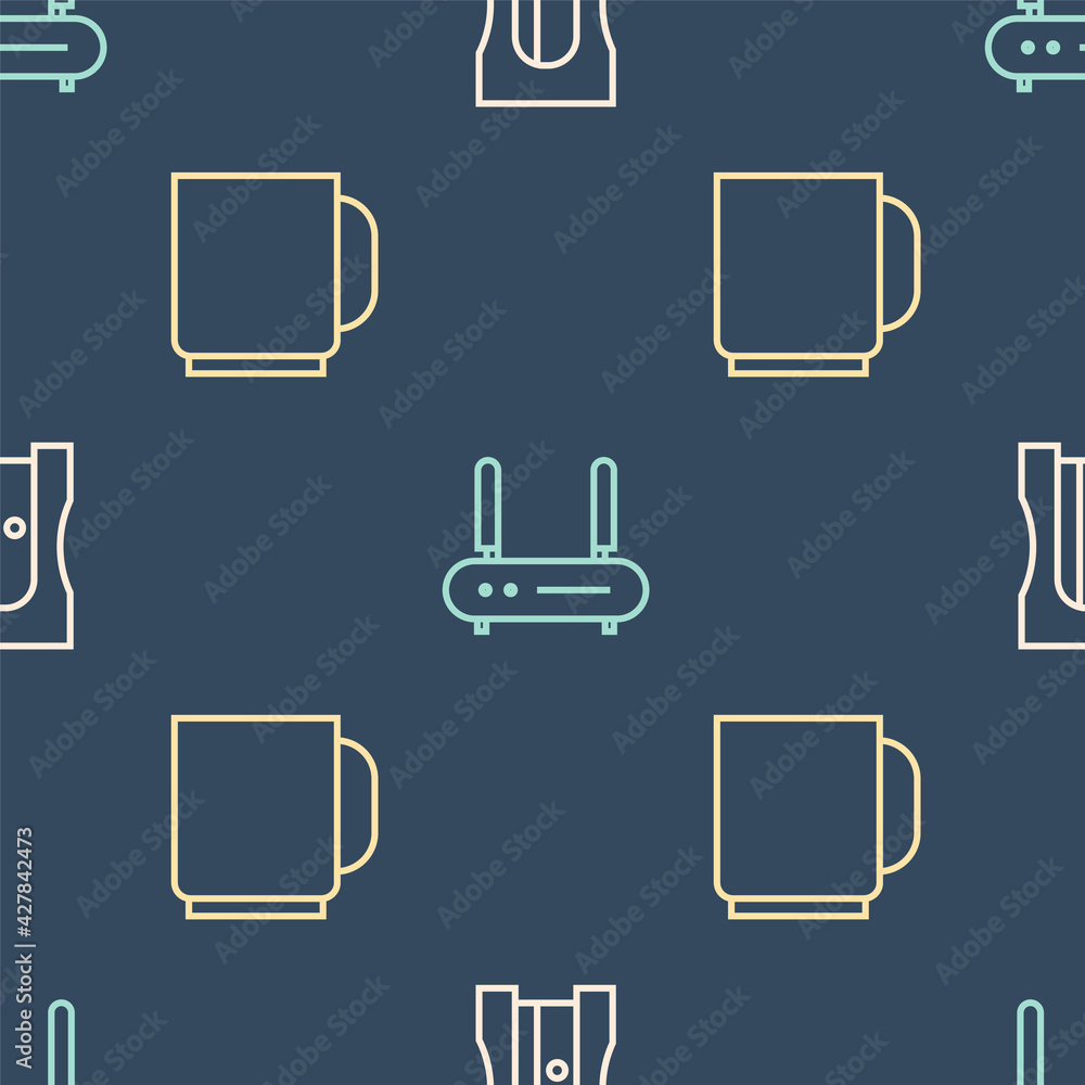 Poster set line pencil sharpener, coffee cup and router and wi-fi signal on seamless pattern. vector
