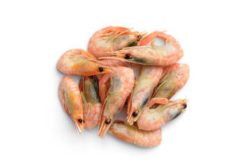 Unpeeled shrimps isolated on white background. Top view.