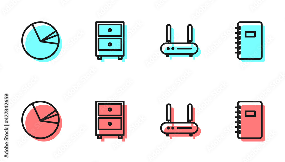 Aufkleber set line router and wi-fi signal, pie chart infographic, drawer with documents and spiral notebook i