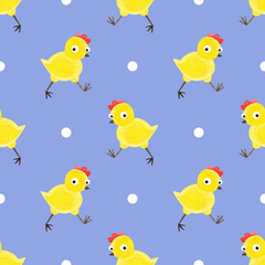 Polka dot pattern with cute walking chicken. Seamless pattern of funny yellow chickens. Hand-drawn watercolor texture with birds on a lilac background. For textiles, children's design, wrapping.