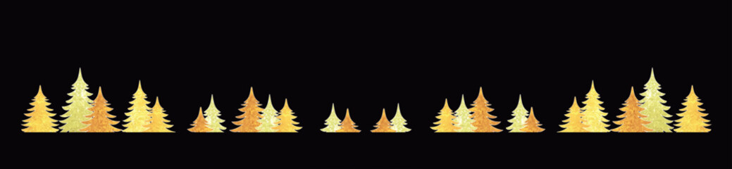 Wald Landschaft in gold mit schwarzem Hintergrund, Tannenbäume Winter bei Nacht