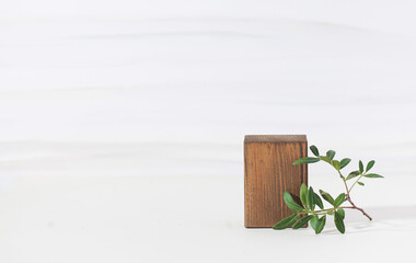 Natural wooden podium for organic eco frinedly cosmetic products with green leaves against light background. Copy space