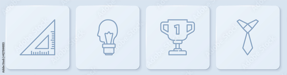 Poster set line triangular ruler, award cup, light bulb with concept of idea and tie. white square button. 