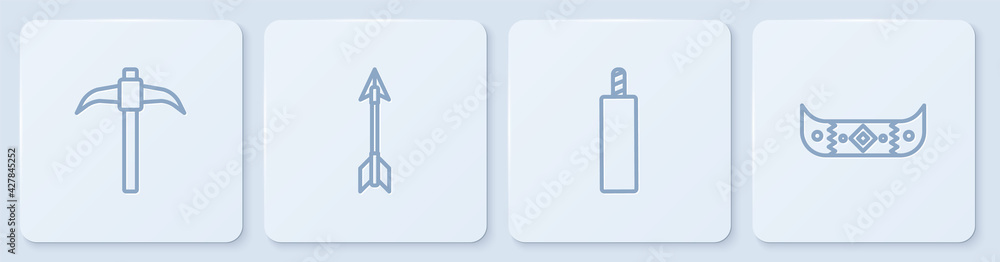 Poster set line pickaxe, dynamite bomb, crossed arrows and kayak or canoe and paddle. white square button. 