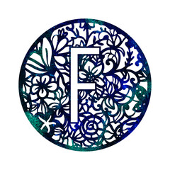 Lace circle blue green letter F with. Texture Monogram letter F. Printable design.