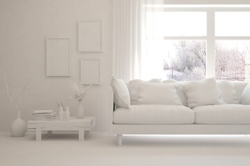 Mock up of stylish room in white color with sofa and winter landscape in window. Scandinavian interior design. 3D illustration