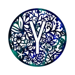 Lace circle blue green letter Y with. Texture Monogram letter Y. Printable design.
