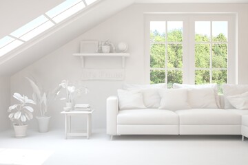 Mock up of stylish room in white color with sofa and green landscape in window. Scandinavian interior design. 3D illustration
