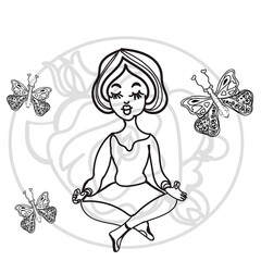 Hand drawn decorated tattoo girl in the flowers. Image for relaxation adult and children coloring books.butterfly