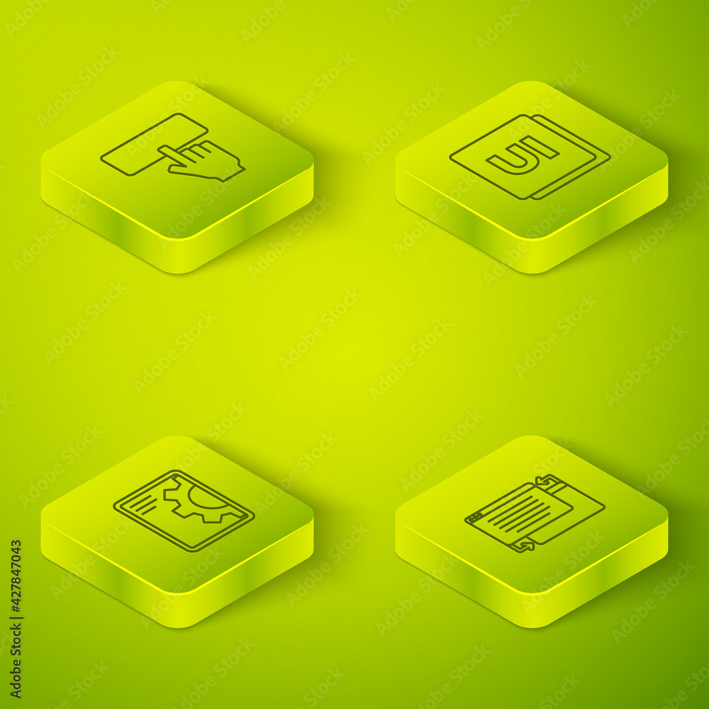 Poster set isometric line ui or ux design, web development, and keyboard icon. vector