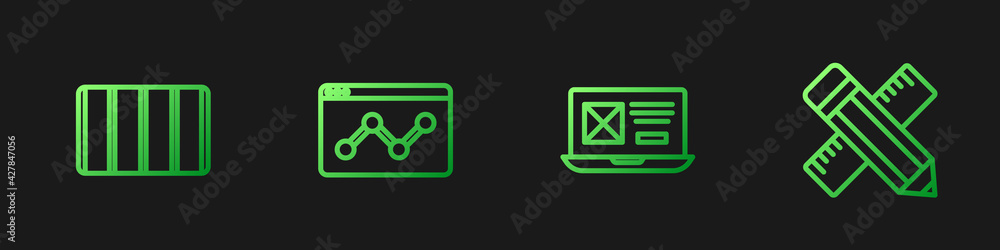 Poster set line ui or ux design, color palette guide, website statistic and crossed ruler and pencil. gradi
