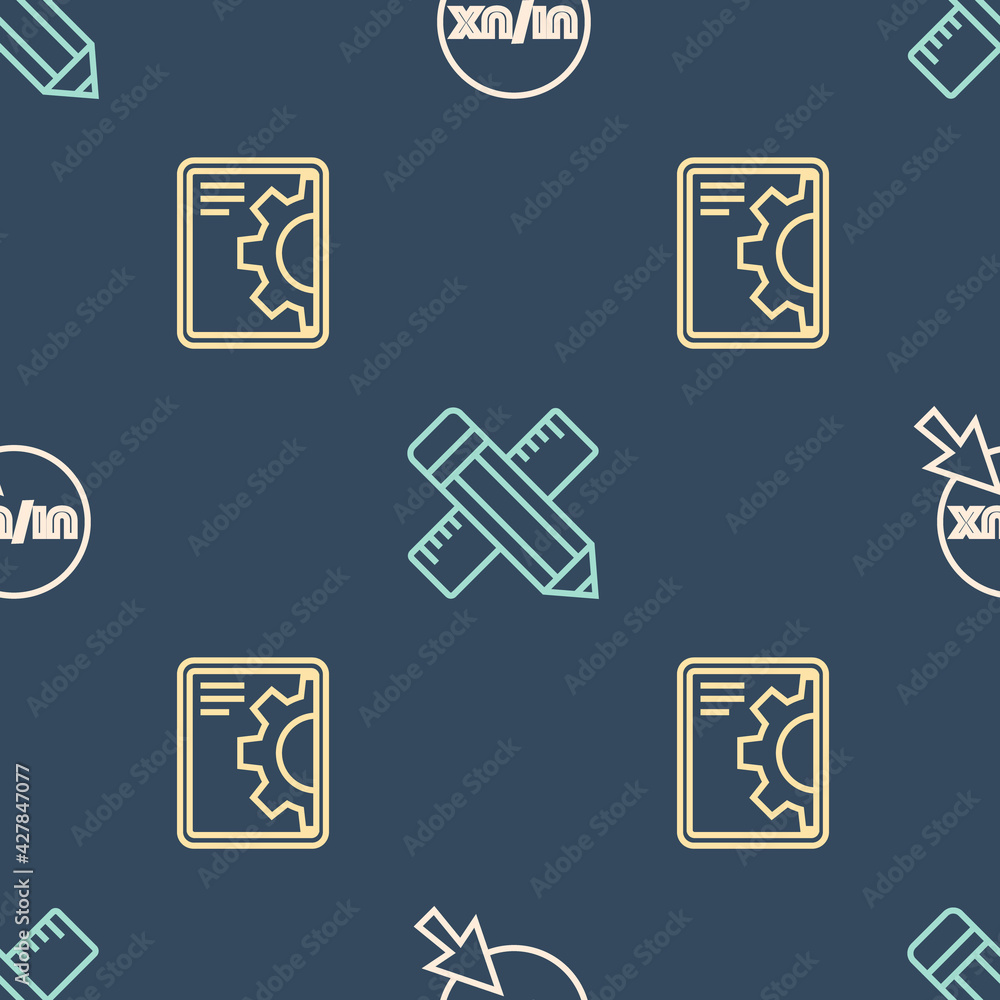 Poster set line ui or ux design, web development and crossed ruler and pencil on seamless pattern. vector