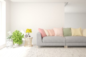 Soft color living room with sofa. Scandinavian interior design. 3D illustration