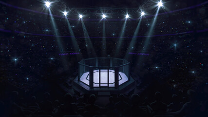 Cage fight arena. Audience view of fighting arena with fans and shining spotlights. Digital sport 3D illustration. - obrazy, fototapety, plakaty