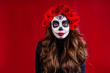 nice glamorous beautiful mexican dark brown eyes woman ready to Santa Muerte day