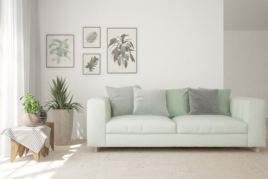 Soft color living room with sofa. Scandinavian interior design. 3D illustration