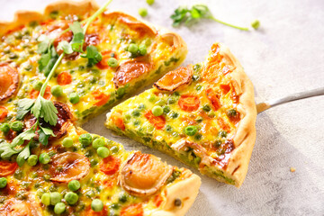 pea,  carrot and cheese quiche