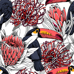 Floral Seamless pattern. Bright Toucan with a red exotic protea (Sugarbushes and African) flowers. Textile composition, hand drawn style print. Vector illustration.