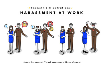 職場の上司からハラスメントを受ける女性のイラストセット