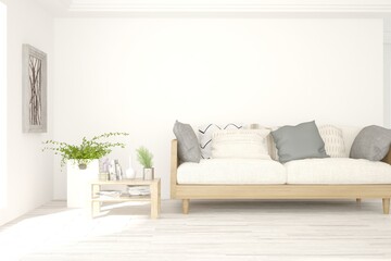 White living room with sofa. Scandinavian interior design. 3D illustration