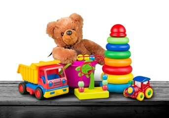 Many colorful toys collection on the desk