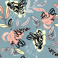 Modern artistic illustration pattern.Creative collage contemporary floral seamless background with various textures in pastel colors.Botanical endless wallpaper.Fashionable template for design.
