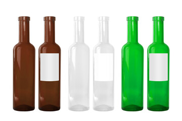 Six bottles in three different colors, green, white and brown, with and without blank label, isolated on white background