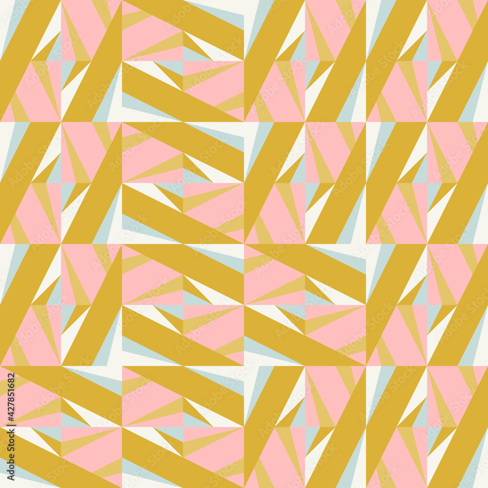 Poster Modern vector abstract geometric background with triangles, rectangles, squares and chevrons in retro scandinavian style. Pastel colored simple shapes graphic seamless pattern.