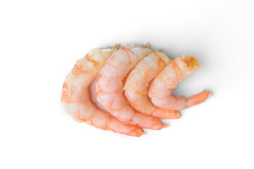 Peeled shrimps isolated on white background. Top view.