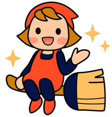 ほうきに乗った女性の清掃員のイラスト