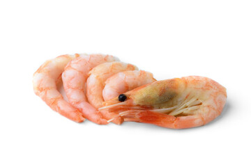 Peeled and unpeeled shrimps isolated on white background.