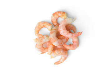 Peeled shrimps isolated on white background. Top view.