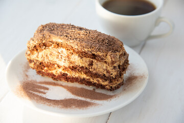 Chocolate cake on the white plate