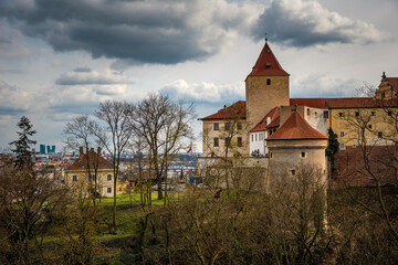 Fototapeta na wymiar Daliborka Tower at Czech Republic. Prague castle from Queen Anna's summer place (Belvedere).