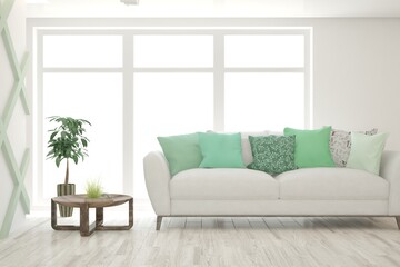 White living room with sofa. Scandinavian interior design. 3D illustration