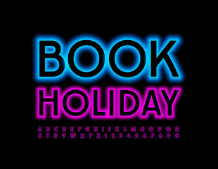 Vector business banner Book Holiday. Bright glowing Font. Modern Alphabet Letters and Numbers set