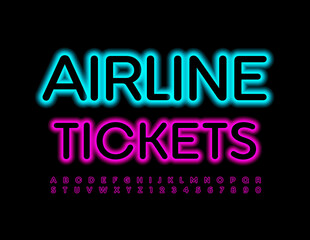 Vector bright Sign Airline Tickets. Modern Illuminated Font. Glowing Alphabet Letters and Numbers