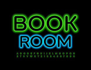 Vector neon Emblem Book Room. Green Illuminated Font. Glowing Alphabet Letters and Numbers