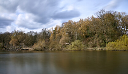 Brzeg jeziora wczesną wiosną w pochmurny dzień