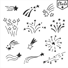 Vector hand drawn set of design elements. Doodle  vintage stars collection.