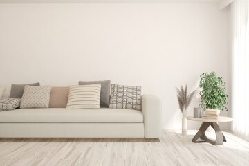 Soft color living room with sofa. Scandinavian interior design. 3D illustration
