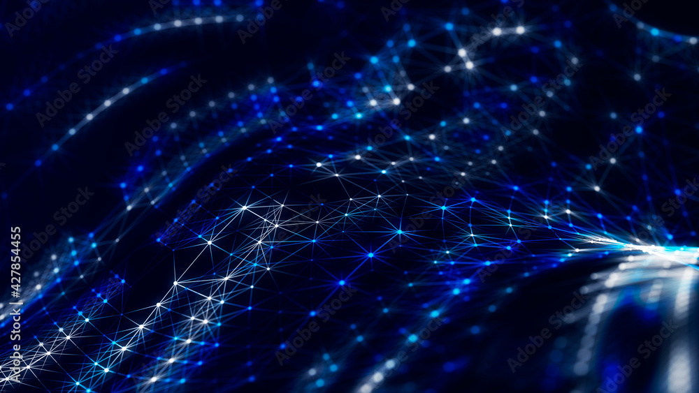 Poster Abstract futuristic wave background. Network connection dots and lines. Digital structure. 3d rendering.