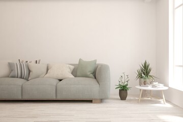 White living room with sofa. Scandinavian interior design. 3D illustration