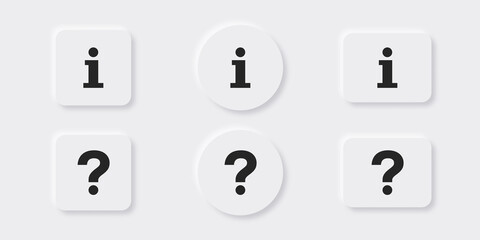 Neumorphic square rectangle and round buttons. White geometric shapes in a trendy soft 3D style with shadow. Question mark and information mark. Vector