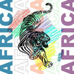 Fototapeta na wymiar Tiger on the background of the African continent. Suitable for print, banner, background, sticker, postcards, covers. Vector illustration