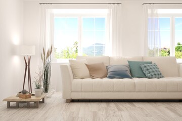White living room with sofa and summer landscape in window. Scandinavian interior design. 3D illustration