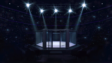 Cage fight arena with opened door. Interior view of fighting arena with fans and shining spotlights. Digital sport 3D illustration. © LeArchitecto