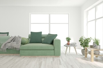 White living room with sofa. Scandinavian interior design. 3D illustration