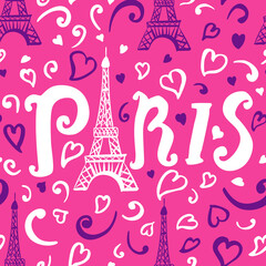 Seamless pattern. Illustration white and purple ink Eiffel Tower. Decorations isolated on bright pink background. Handwritten inscription Paris. Vector surface girly fashion design - 427855648