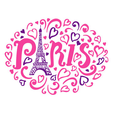 Eiffel tower with Paris lettering, hearts, hand drawn curl sketch. Pink and purple color . Girly fashion design illustration isolated on white background